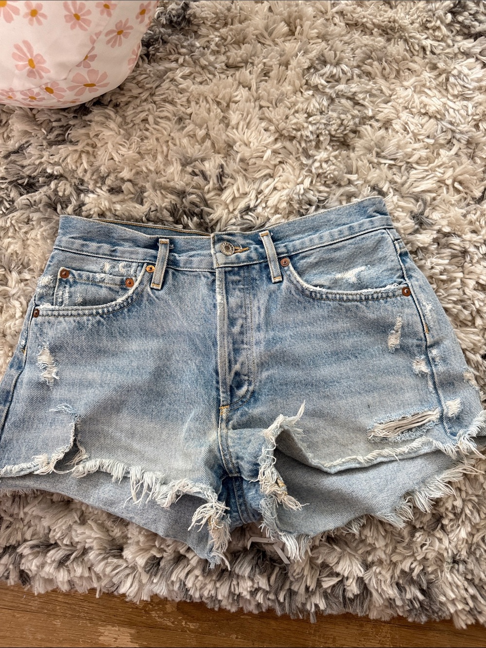 Agolde Light Blue Distressed Denim Cutoff Shorts 26
